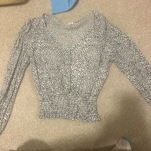 Japna Black Dot Print Smocked-Waist V-Neck Long Sleeve Top - White/Black